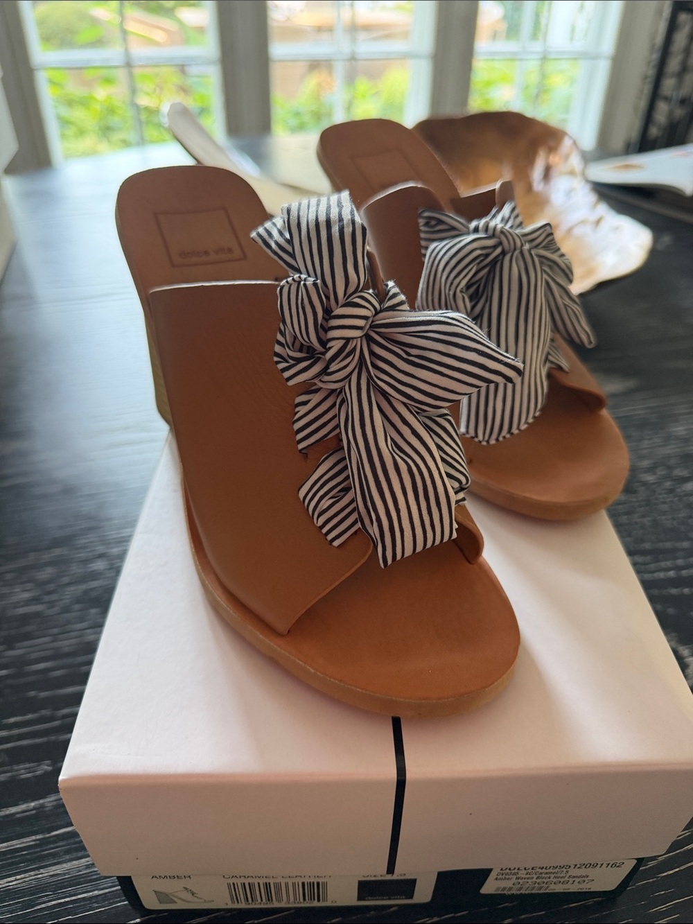 Dolce Vita Amber Caramel Leather Wedges with Navy-and-White Striped Bow 7.5